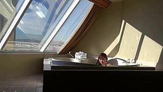 Curious what this cute Asian teen does in the hot tub?