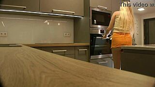 Hot Blonde Coed's Miniskirt Hikes Up Heels Exposing Ass Kitchen