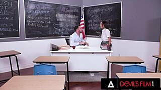 kimmy kimm gags on teacher's cock then rides him rough