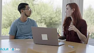 anal craving milf spreads shaved pussy wide as student rams monster cock deep into her stretched ass on sofa