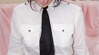 curvy brunette secretary spits on cock for sloppy blowjob handjob cumshot