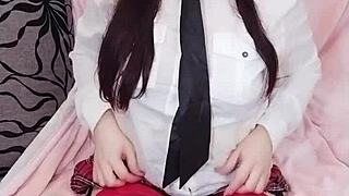 curvy brunette secretary spits on cock for sloppy blowjob handjob cumshot