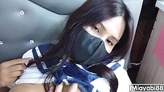 damn this thai student slut in sexy fishnet stockings cosplay gets her shaved pussy creampied hard