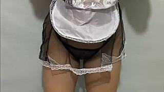 A curvy Filipina maid rams monster dildo deep in shaved pussy on bed