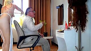 hey client, surprised by this nudist barbershop lady's apron tease?