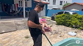 pool guy pounds hot blonde boss's juicy tits 😍🍑