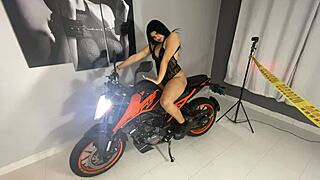 hey check this horny bitch mia montiel masturbating on her new motorcycle dildo