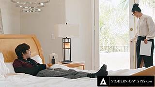 sexy teacher helps injured teen bust a nut since he can't jerk off himself