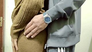 Housewife slowly strips shirt and pants for boyfriend's gaze in bedroom