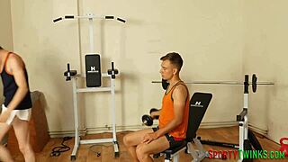 Twinks share intense locker room anal fucking in sweaty embrace