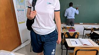 Classroom hook-up bust: expelled students' bareback anal romp leaks online after teacher catches brazilian twink and petite crossdresser