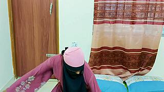 Hot hijabi college friend sneaks step-sis room fuck