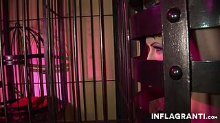 Short haired slave Laureen Van B screams as she takes cock deep in her cage!