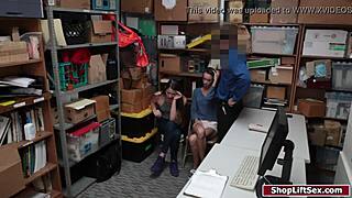 Officer Pounds Two Brunette Shoplifters Bent Over Desk Doggystyle Cowgirl