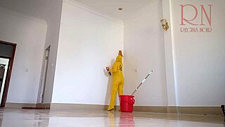 hey maid why you cleaning naked with juicy pussy lips showing in office?