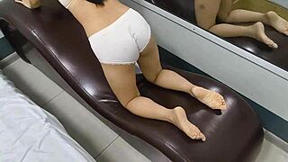 sexy japanese teen girlfriend rides big cock during intense workout photoshoot