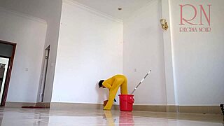 hey maid why you cleaning naked with juicy pussy lips showing in office?