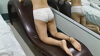 sexy japanese teen girlfriend rides big cock during intense workout photoshoot