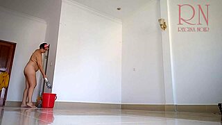 hey maid why you cleaning naked with juicy pussy lips showing in office?