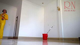 hey maid why you cleaning naked with juicy pussy lips showing in office?