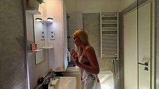 Super Hot Blonde Coed Slips into Satin Nightie in Bathroom Mirror