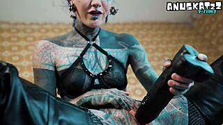 goth teen stretches skinny ass on huge black dildo chair