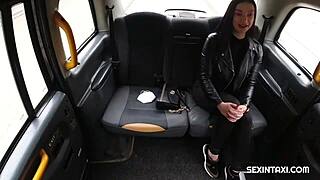 i need quick cash so this sexy student rides my cock in the taxi backseat