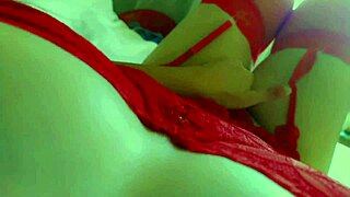 POV hot blonde 18yo masturbates moans in red lingerie showing big natural tits