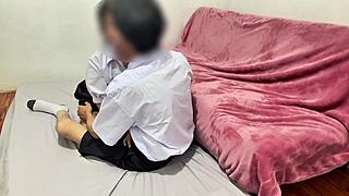 Naughty Asian couple in white uniforms shares deepthroat creampie and kisses