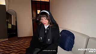 back at it again ripping clothes off that huge ass nun wife oiling her up for dirty talk swallow cum finale