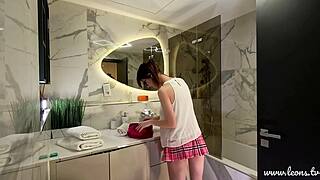 Nerdy College Brunette Flashes Long Legs Thong Panties in Bathroom Mirror