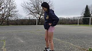 Naughty neighbor babe bends over ready for anything in the woods