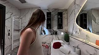 Nerdy College Brunette Flashes Long Legs Thong Panties in Bathroom Mirror