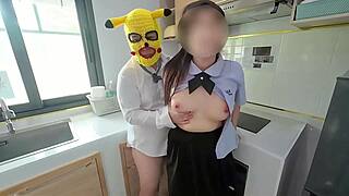 Kitchen fuck with thai student door wide open showing swollen wet pussy creampie!