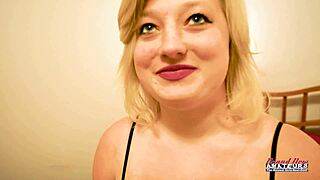 Faith's petite blonde college coed with big natural tits gags hard on cock in passionate blowjob