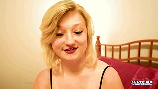 Faith's petite blonde college coed with big natural tits gags hard on cock in passionate blowjob