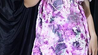 Indonesian babe with perfect oiled body in lingerie strips panties for solo pussy tease homemade