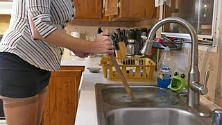 Plumber bends over teacher's pet for taboo kitchen creampie doggystyle