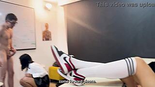 Milf TEACHER shows STUDENTS classroom THREESOME with cowgirl and doggy!