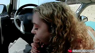 skinny blonde stepsister with small tits deepthroats and handjobs stepbrother's monster cock in college car outdoors