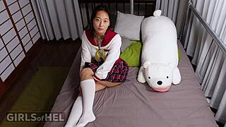 Japanese College Teen In Uniform Plays With Butt Plug And Vibrator