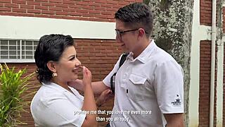 a busty classmate gives him a blowjob instead of studying and her stepmother catches them