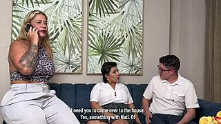 a busty classmate gives him a blowjob instead of studying and her stepmother catches them