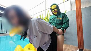 Thai teen in school uniform fucks by the pool