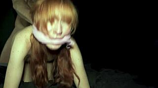 Cute redhead gags on monster cock then bends for rough doggystyle in college dorm. She moans loud while sucking deep.