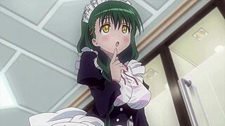 女士对管家露骨的动漫场景，金发和黑发大奶子。动漫动作展开，小奶子女郎。